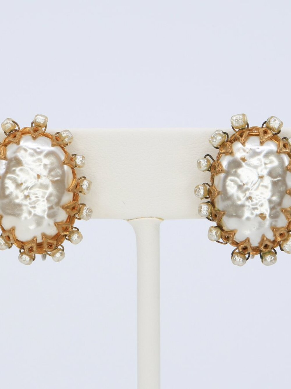 Vintage Miriam Haskell Faux Baroque Pearl Gold Toned Clip-On Earrings 1950s